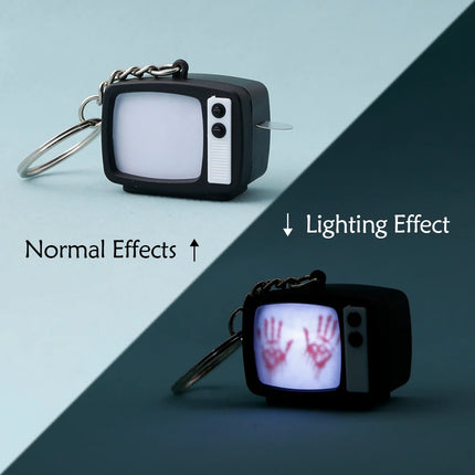 Retro TV Shaped Keychain with Light & Sound Horror Handprint Projection Spooky Halloween Pendant for Bag Charm Key Ring Chain