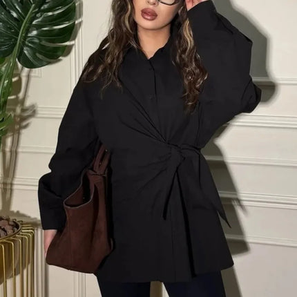 Women's New Shirt Side Waist Tie Slim Fit Casual Long Sleeve Solid Shirt 2026 New Collection Autumn Fashion Loose Ropa Mujer