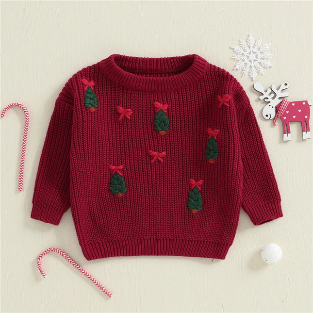 Newborn Baby Girl Boy Knitted Long Sleeve Autumn Winter Christmas Sweater Tree Embroidery Pullover Casual Tops Kids Clothes