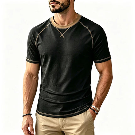 2026 New Men Contrast Stitch Raglan Sleeve T Shirt Slim Fit Soft Breathable Crew Neck Daily Casual Summer Short Sleeve Tees