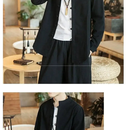 Versatile Loose-fit Long Sleeve Shirt Men's Casual Chinese Style Tang Suit Jacket Summer Lightweight Linen Top
