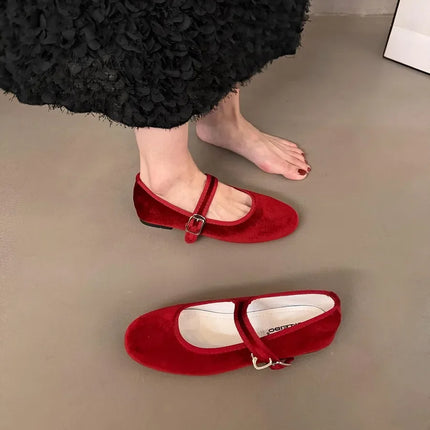 Vintage Flat Velvet Korean Style Mary's Single Shoes Women's 2024 New Spring Autumn Winter Red Warm Evening Shoes