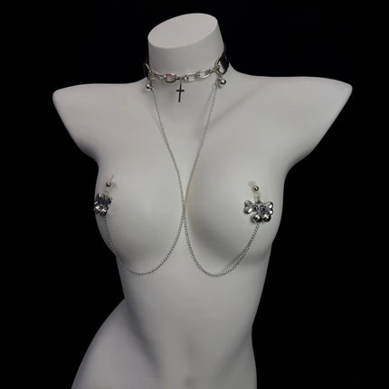 Women's Erotic Collar with Chain and Nipple Clamps Unisex Metal Bell Clamp BDSM Training Toy Body Jewelry Adult Sex Toy 18+
