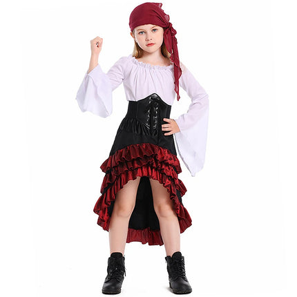 Kid Pirate Retro Cosplay Irregular Ruffled Skirt Girl High Waist Dress Children Halloween Carnival Party Performance Costume Set