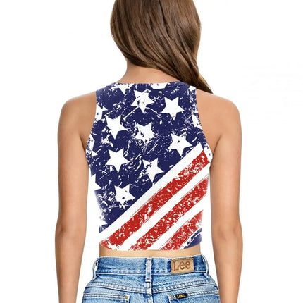 Nadanbao Women's Vest Summer Casual American Flag Tie Dyeing Cropped Tight Sleeveless T-Shirt Streetwear Crop Tops Y2K Tees