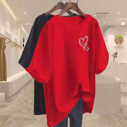 Summer 2025 New Elegant Love Print T-shirts Women Clothing Casual Loose Cotton Pullover Office Lady Basic Short Sleeve Top Tees