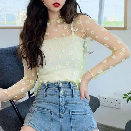2023 Autumn Hollow Out Mesh T-Shirt Daisy Flower Pattern Crop Top sexy Transparent Long Sleeves Basic Tops For Women Lace Tops