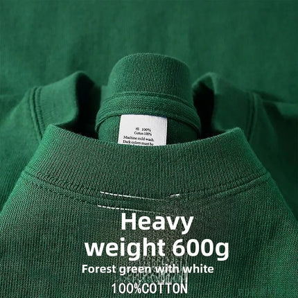 600G/㎡ Long-sleeved T-shirt Men's American Bundle Bottoming Shirt with Small Neckline Loose Pure Cotton Green Autumn Top Men's