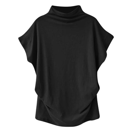 Women's New Trendy Fashion Solid Color Soft Turtleneck Top High-End Basic Daily Commute Thin Short-Sleeve Pleated Clothing