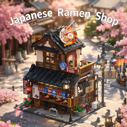 1670PCS Japanese Ramen Restaurant with Lights Building Blocks Set, City Street Scene Architectural Model Ornament, Birthday Gift