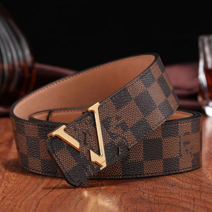 Luxury Plaid Leather Belt Men - Classic Business Smooth Buckle Waist Belt / Luxury Plaid Leather Belt Men - Business