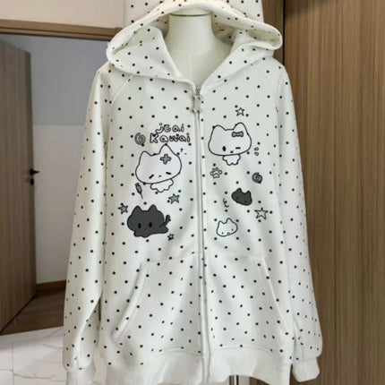 Autumn Winter Sweet Cute Cat Ear Hooded Hoodie Women Casual Kawaiii Polka Dot Print Design Coat Elegant Fashion Loose Jacket New