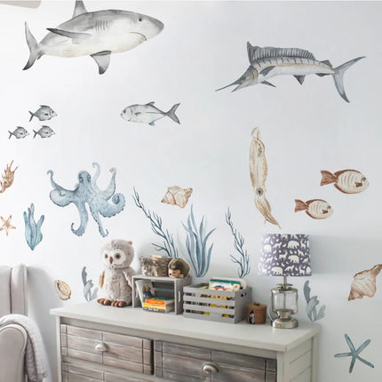 Large Watercolor Sharks Wall Decals Ocean Animal Wall Sticker Under The Sea Marine Life Theme Decals Nursery Kids Room Decor