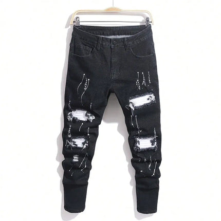 Men's Ripped Denim Jeans for Man High Stretch Skinny Biker Pants Casual Slim Fit Trousers with Patchwork Embroidery Streetwear