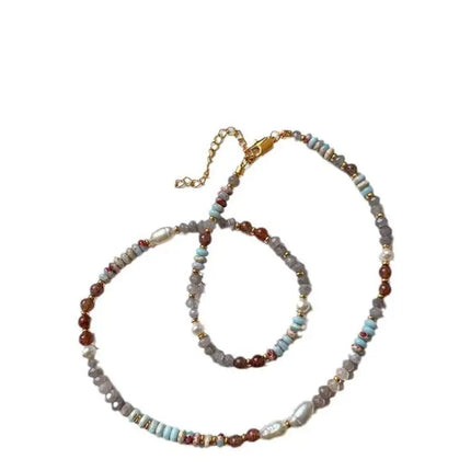 Retro Handmade Woven Natural Stone Beadeds Chain Pearl Pendant Necklace Bracelet Accessories for Women Fashion Jewelry Set Gifts