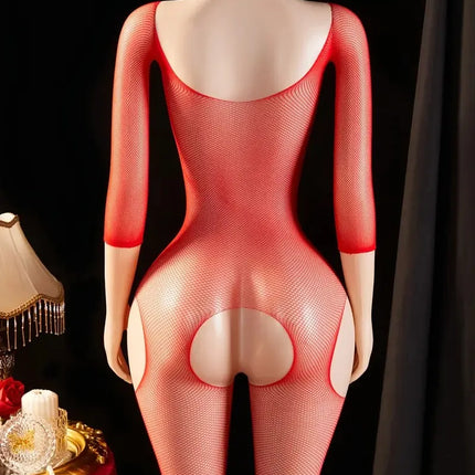 One Piece Crotchless Babydolls For Sexy Lingerie Women Long Sleeve Bodystocking Mesh Hollow Babydoll Dress Rose Erotic Underwear