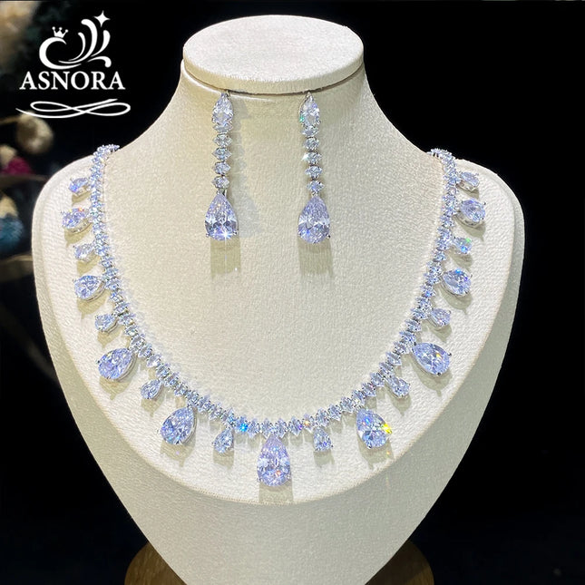 ASNORA-White Cubic Zirconia Necklace and Earrings for Women, Elegant, Party Jewelry, Bride, Wedding, Bridesmaid Gifts, 2Pcs