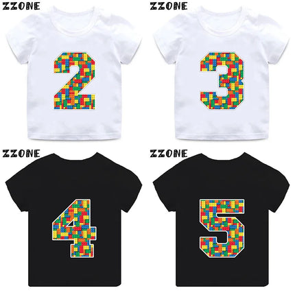 Building Blocks Bricks Number Bow Print Cartoon Boys Clothes 1 2 3 4 5 6 7 8 9 Years Birthday Kids T-shirt Baby Girls T-Shirts