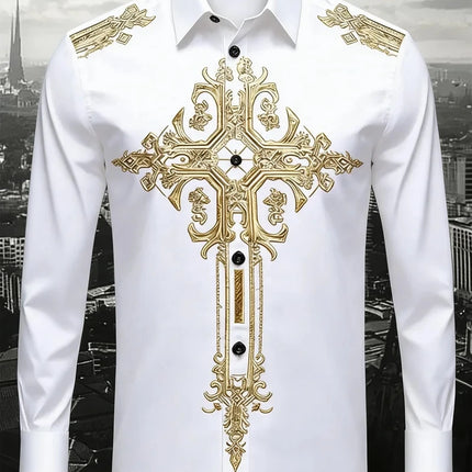 New men's gold printed shirt, soft fabric, comfortable, luxurious, high-quality, long sleeved button up party dress shirt