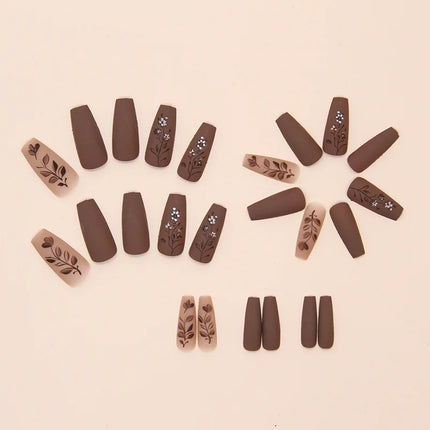 Dark Brown Flowers 24 Pcs Press-on Nails Pink Nail Polish Glossy Artificial Finger Manicure Reusable False Nails
