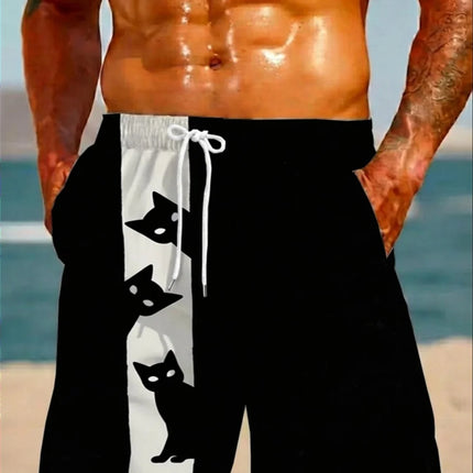 Funny Animal Cat 3D Print Men's Casual Shorts Breathable Drawstring Swim Trunks Cat Pattern Summer Sportwear Shorts Man Clothing