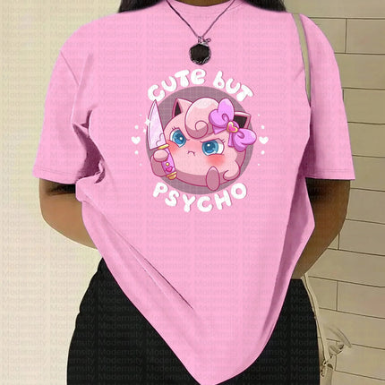 2026 Summer New Pokemon Cotton T Shirt Jigglypuff Print Purple Bow and Knife Design Cute Pink Tops Loose Fit Women Casual