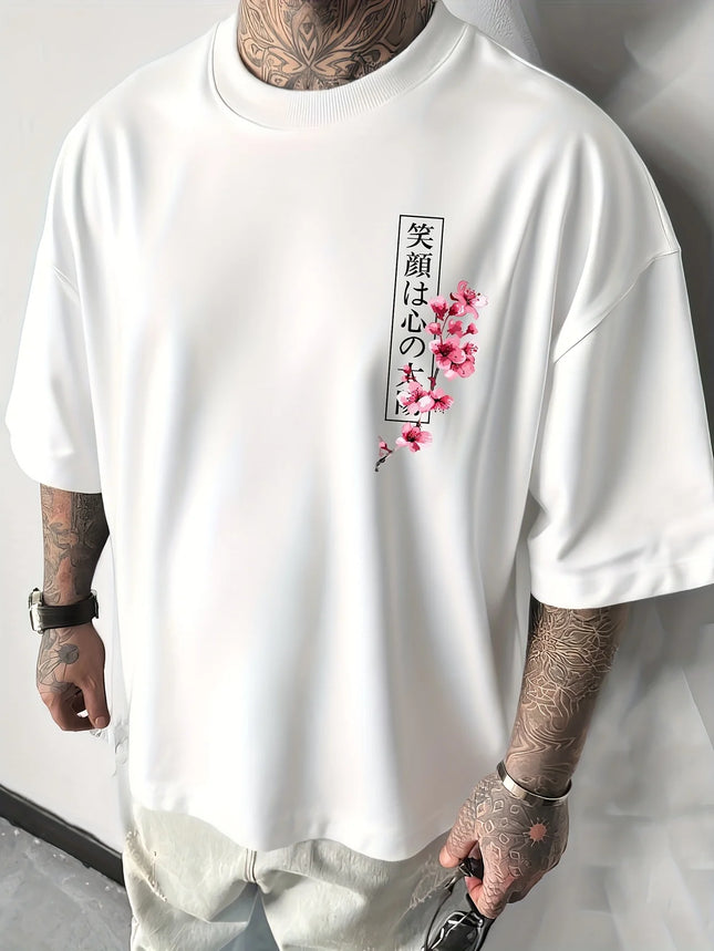 Japanese Cherry Blossom Print 100% Cotton Men Women T-shirt Summer Autumn Daily Outdoor Sports Casual Loose Street Short-sleeve