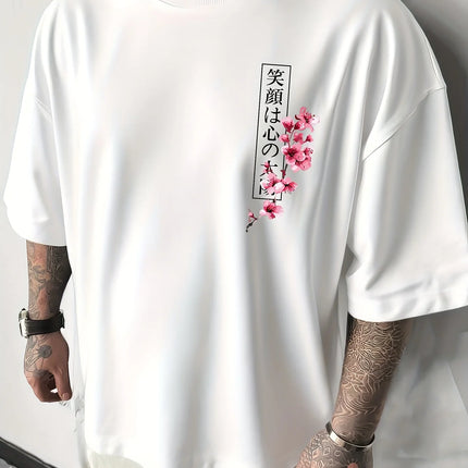 Japanese Cherry Blossom Print 100% Cotton Men Woment T-shirt Summer Autumn Daily Outdoor Sports Casual Loose Street Short-sleeve