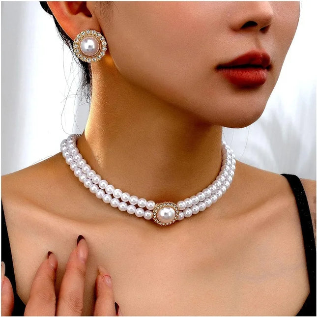 4Pcs for Women's Party Accessories Jewelry Fashion Elegant Geometric Round Rhinestone Imitation Pearl Beaded Necklace Earring