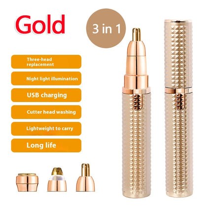 3 in 1 Lipstick Shaver Women Hair Removal Eyebrow Trimmer USB Rechargeable Body Facial Epilator for Bikini Legs Face