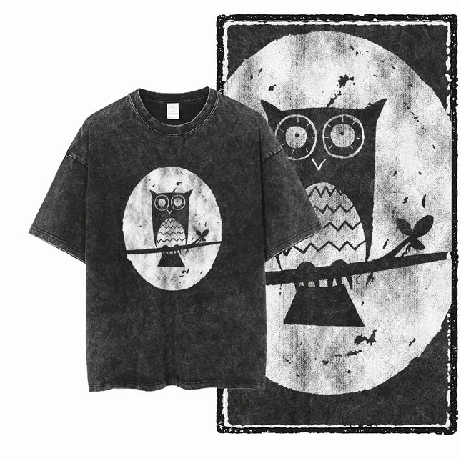 DH OWL Printed 100% Cotton Acid Washed Exclusive Graphic Unisex T Shirt Cool Vintage Streetwear Men Tshirts Big Size Tee for men