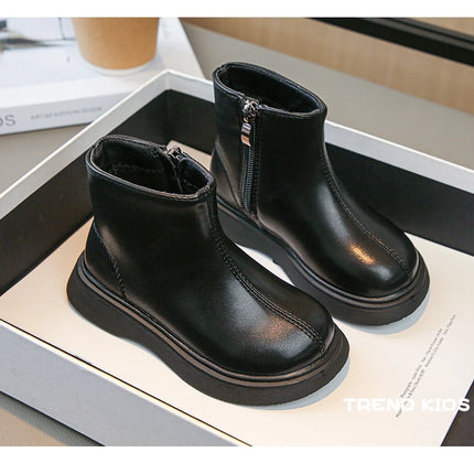 Children Fashion Boots Simple Girls Ankle Boot Black Kids Short Leather Boots Side Zipper Thick Bottom Autumn Winter 2024 New