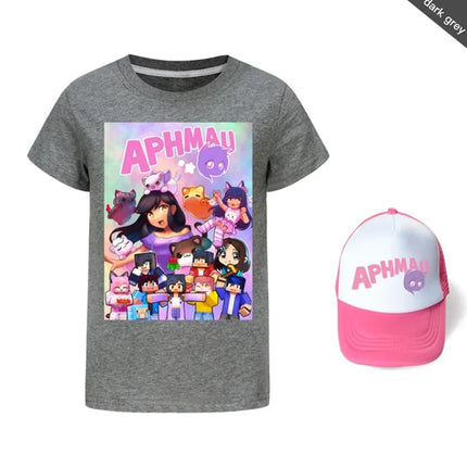 Anime Aphmau Tshit Kids Summer Clothes Baby Girls Cartoon T-Shirt + Sunhat 2pcs Set Boys Short Sleeve Casual Tops Children Tees