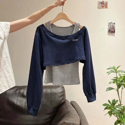 Xia Zhenhua Gray Off-shoulder Long-sleeved Striped Sweatshirt Women 2025 Autumn Design Matching Vest Two-piece Set