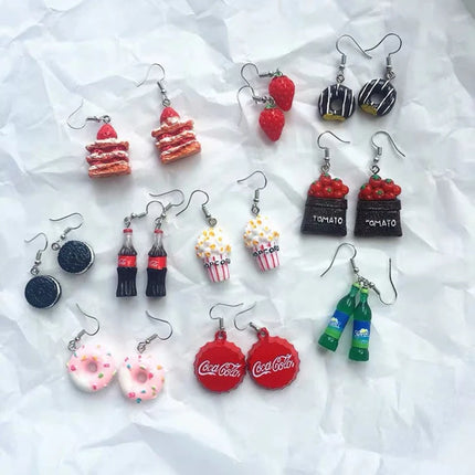 Cute Jewelry Bulk Wholesale Chocolate Strawberry Cake Popcorn Drink Coke Bottle Cap Miniature Food Resin Earrings for Women