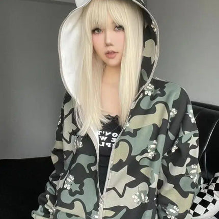 Anime Sanrioed Hello Kittys Zipper Hooded Sweater Girls Cartoon Y2K Couple Cardigan Anime Camouflage Jacket Coat Christmas Gift