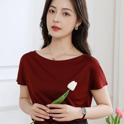 Summer women's short sleeved acetate fabric high-end knitted women's T-shirt thin European style hot selling women's T-shirt