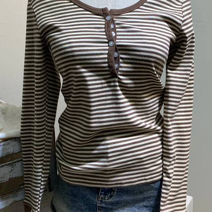 Pink Striped Slim Long Sleeve Tees Women Spring Casual Cotton O-neck Tshirt New Tops Clothes Sweet Cute  Vintage T-shirts Y2K
