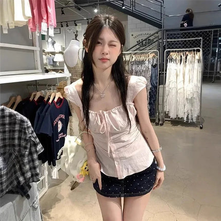 Pure Desire Pink Square Collar Short Sleeve Women's Shirt Summer Slim Fit Sweet And Spicy Girl High End Versatile Casual Waist C
