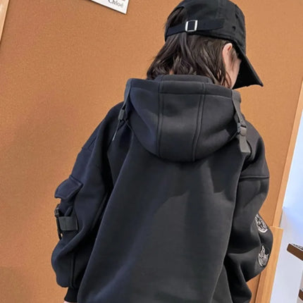 Stylish Boys' Fleece-lined Pullover Hoodie Mechanical Buckle Hooded Top Trendy Hip-hop Dance Performance Outfit for Medium Kids