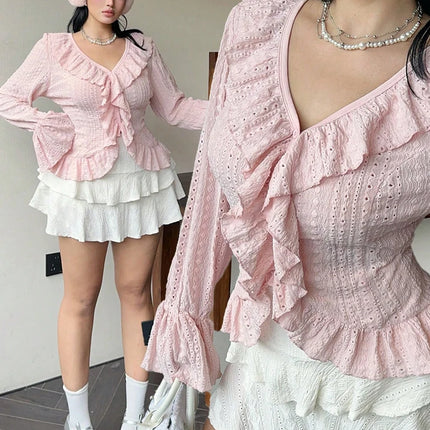 plus Size Women's Pink V-Neck Blouse Elegant French Ruffle Flared Sleeve Sweetheart Bubble Sleeve Casual Chic Top for plus Size