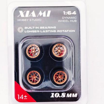 1 Set 10.8mm 1/64 Model Car Wheels for HW Ball Bearing Tires with Brake Disc Caliper Axles Rims for 1:64 Toy Models Tomica JDM