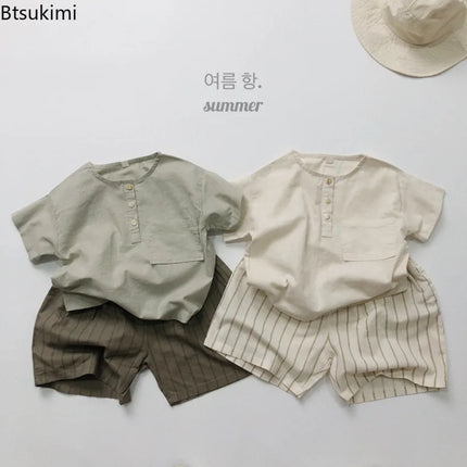 Retro Breathable Polo Shirt Korean Style Children's Summer Cotton and Linen Round Neck T-shirt Boys Girls Simple and Loose Top
