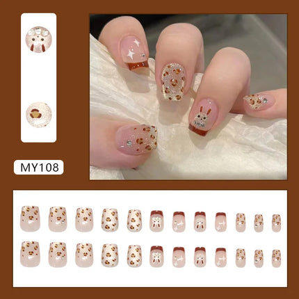 Dark Brown Flowers 24 Pcs Press-on Nails Pink Nail Polish Glossy Artificial Finger Manicure Reusable False Nails