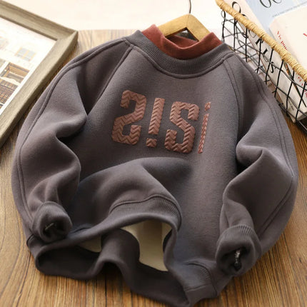 New Autumn winter Boys girls Fleece Thickened Sweater Cartoon Printed Letters Children's Leisure Fake 2 Piece Warm Top 3-14Y