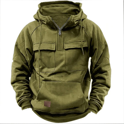 New Autumn-Winter Men's Hooded Solid-Color Casual Hoodie - Fashionable Young Man's Multi-Pocket Patch Hoodie Pullover Shirt