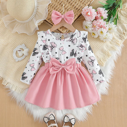 Baby girl cute cartoon bow pattern in spring and autumn, round neck long sleeved ruffle edge fake two-piece spliced dress and he