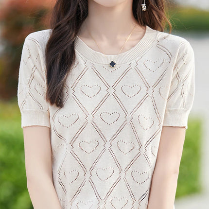 New Summer Fashion 100% Pure Cotton Women's Sweater Short sleeved Casual O-neck Pullover T-shirt Loose Knitted Hollow Top