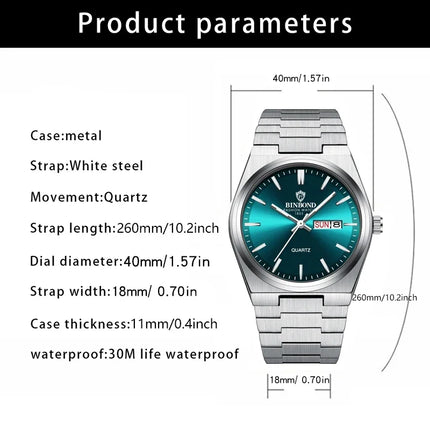 BINBOND  Luxury Men Quartz Watch Waterproof Date Week Luminous Wristwatch Stainless Steel Men's Watches Male Clock Sports Reloj