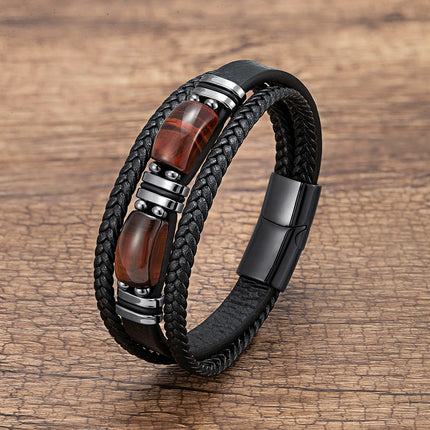 New Natural Tiger Eye Stone Men's Wristband Bracelet Hand-woven Multi-Layer Braided Leather Bangles Stainless Steel Jewelry